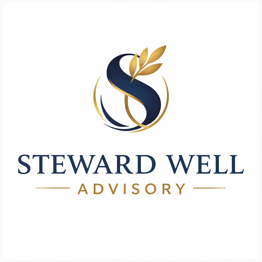 Steward Well Advisory logo featuring a navy and gold stylized leaf emblem